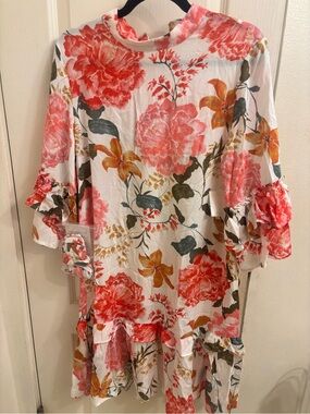 Petal & Pup Coral, Gold and Green Floral Ruffle-Sleeve Midi Dress